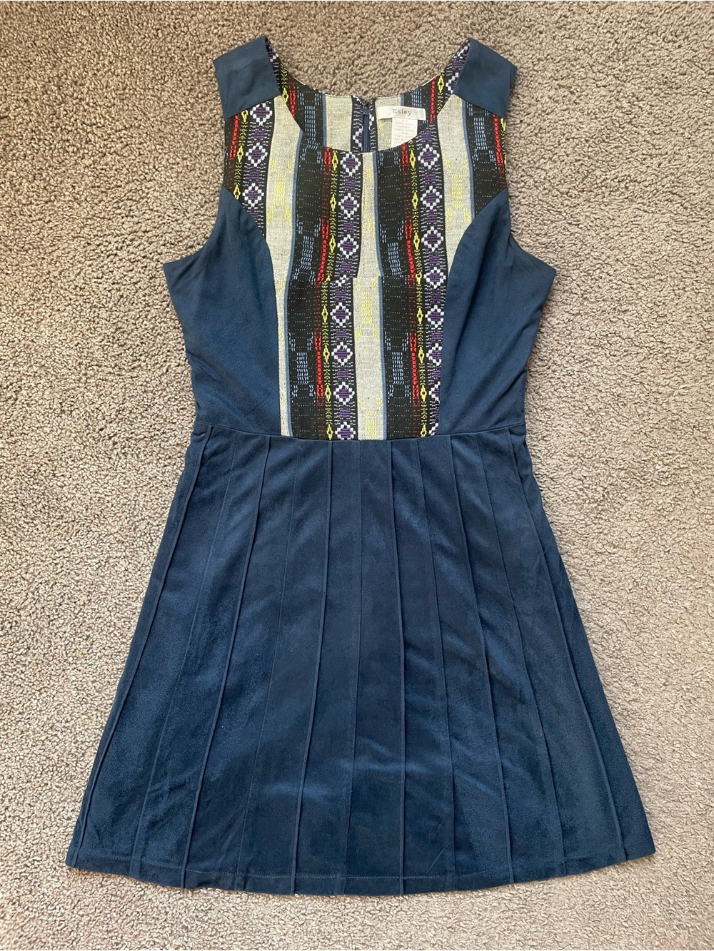 Esley Navy Sleeveless Dress with Multicolor Embroidered Panel